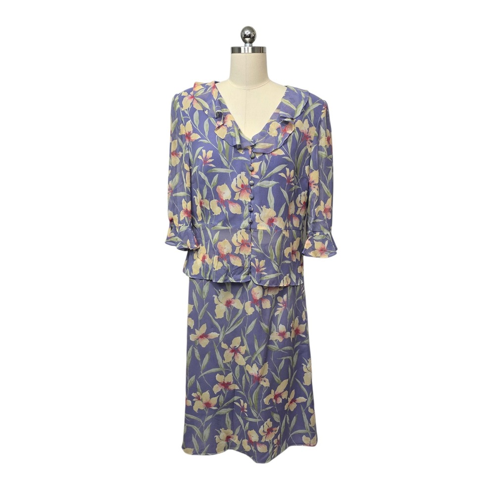 Vintage Adrianna Papell Floral Silk Blouse Skirt Set Women Size 10 Purple Y2K 90